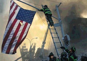 New York City firemen put up our flag on September 13, 2001